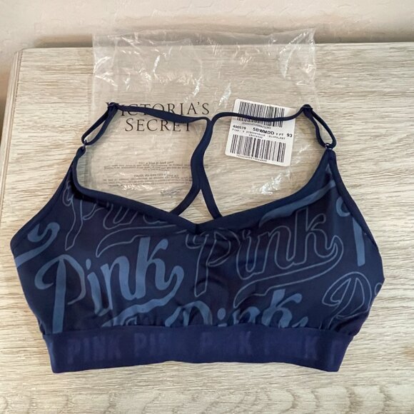 New Victoria's Secret Pink Sports Bra Medium DD Strappy Blue Logo - Picture 1 of 7